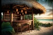  a bar with a tiki bar and a tropical beach scene in the background with palm trees and a sunset sky with clouds and a few clouds.  generative ai