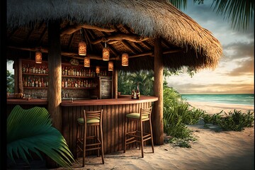 Wall Mural -  a bar with a tiki bar and a tropical beach scene in the background with palm trees and a sunset sky with clouds and a few clouds.  generative ai