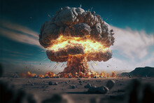 Illustration Of A Powerful Nuclear Explosion In The Desert. Picture Of Atomic Mushroom Cloud Created With AI
