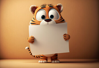 Poster - Cute Cartoon Tiger Holding a Blank Sign (Generative AI)