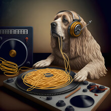 Dog As Dj With Headphones Mixing Plates Of Spaghetti