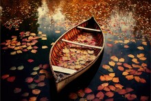  A Row Boat Floating On Top Of A Lake Filled With Leaves Covered Water Covered In Fall Colors Of Leaves Floating On The Water And A Few More Boats.  Generative Ai
