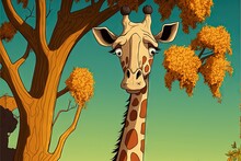  A Giraffe Standing Next To A Tree With Yellow Leaves On It's Branches And A Blue Sky In The Background With A Few Clouds.  Generative Ai
