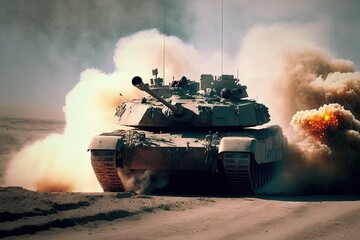 Tank in a warzone on the move across the battlefield