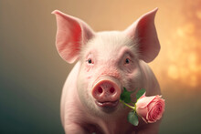 Pig Holding A Pink Rose In Its Mouth.  Generative AI.