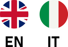 Round Flag Selection Button Badge Icon Set With UK And Italy Flags With Language Codes EN And IT For English And Italian. Vector Image.