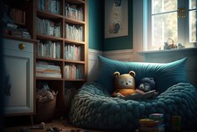  A Teddy Bear Sitting In A Bean Bag Chair Reading A Book In A Room With A Bookcase And Bookshelf Full Of Books.  Generative Ai