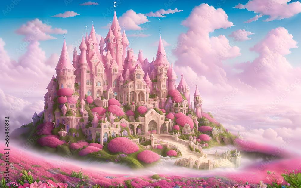 Fairytale pink castle in the clouds Stock Illustration | Adobe Stock
