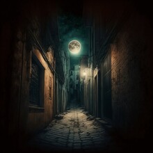 A Dimly Lit Alley With A Full Moon In The Background