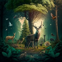 "Wildlife In The Woods: A Variety Of Animals Roaming In A Dense Forest"