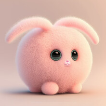 Cute Pink Very Fluffy Rabbit Kawaii Character. Bunny Ball. Realistic Art Bunny Kid With Big Eyes, 3d Rendering Ai Generated Illustration. Cartoon Rabbit Illustration, Soft Pastel Color.

