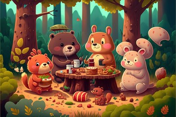 Sticker -  a group of animals sitting around a table in the forest eating food and drinking tea and coffee together, with a forest background behind them.  generative ai