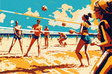 Poster -  a painting of a group of people playing volleyball on the beach with a ball in the air and people standing on the sand behind them.  generative ai