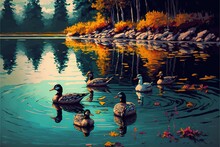  A Painting Of Ducks Swimming In A Lake With Autumn Leaves On The Water And Trees In The Background, With A Pond In The Foreground.  Generative Ai