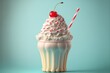  a cupcake with a cherry on top and a straw in it with a blue background and a red and white striped straw sticking out of the cupcake.  generative ai