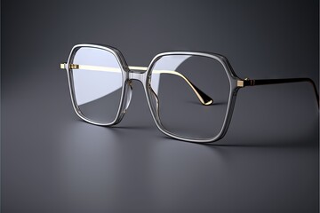 Poster -  a pair of glasses with a gold rim and clear lens frames on a dark background with a reflection of the glasses in the frame and the lens.  generative ai