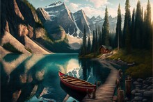  A Painting Of A Boat On A Lake With Mountains In The Background And A Dock With A Boat On It And A Cabin On The Shore.  Generative Ai