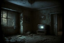 Dark Decrepit Room With Box Tv