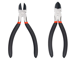 Nippers or diagonal cutting pliers. Wire cutter or flush nippers. Side cutting pliers for electric wire. Professional tools for metal construction. Mechanic instrument for workshop, repairing works.