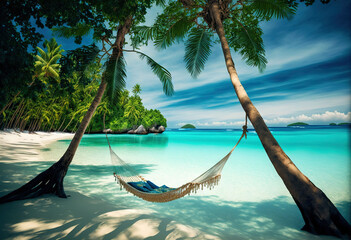 a hammock hanging between two palm trees on a tropical beach with clear blue water and a sandy shore