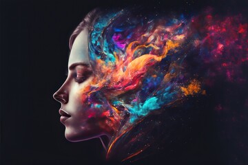 Wall Mural - beautiful fantasy abstract portrait of a beautiful woman double exposure with a colorful digital paint splash or space nebula generative AI