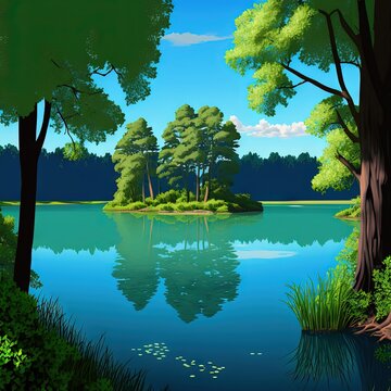  a painting of a lake surrounded by trees and grass with a blue sky in the background and a few clouds in the sky above it.  generative ai
