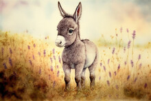 Baby Donkey Mule Standing Watercolor, Generative AI