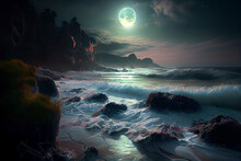 Hyperrealistic Moonlight Nights Cape By The Ocean - Intricately Detailed Cinematic Scenic With Magical Iridescence And Photorealistic - A Complex Hyper-detailed Epic Masterpiece