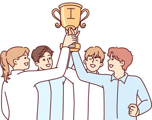 Wall Mural - Tight-knit team of startup raises cup over heads after winning in business competition. Vector image