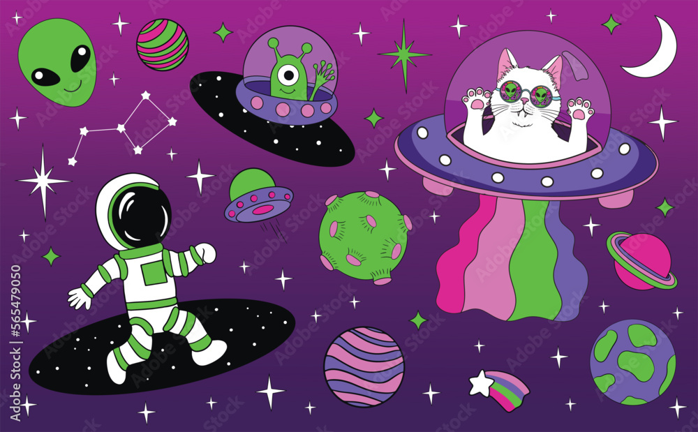 Astronauts and Alien in space cartoon vector illustration. Space groovy ...