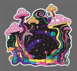 Wall Mural - Psychedelic hippie mushrooms sticker. 70s cartoon retro style