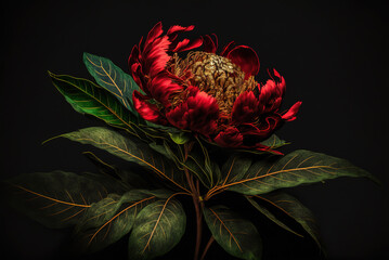 Wall Mural - Fresh romantic red peony flower with green leafs and golden elements stretches out of a field of black background, Generative Ai