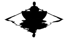 A person is seen silhouetted and reflected in the water as he or she rows a small boat on a transparent background.