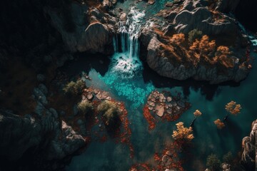 Wall Mural - Unforgettable Drone View of a Forest landscape with Nature Waterfall Generative AI