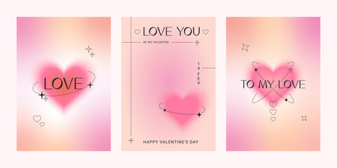 Wall Mural - Set of modern posters with Valentine's Day. Trendy gradients, blurred shapes, typography, y2k. Social media stories templates. Vector illustrations
