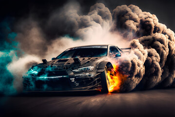 Car drifting image diffusion race drift car with lots of smoke from burning tires on speed track