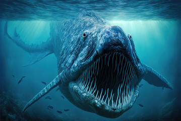 Sea monster open its mouth with teeth, fantasy underwater creature, generative AI