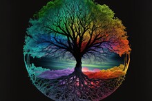 Rainbow Colored Tree In The Night - Just Before Sunrise - AI Art