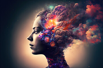 Wall Mural -  beautiful fantasy abstract portrait of a beautiful woman double exposure with a colorful digital paint splash or space nebula generative AI