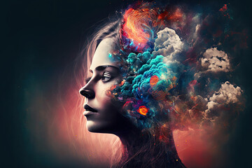 Wall Mural -  beautiful fantasy abstract portrait of a beautiful woman double exposure with a colorful digital paint splash or space nebula generative AI