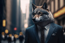 Portrait Of A Wolf In A Business Suit On Wall Street, Generative Ai