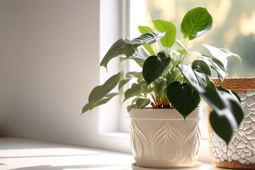 Golden pothos or devil's ivy in white modern flowerpot copy space. Generative AI