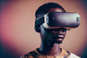 Wall Mural - African man wearing virtual reality goggles standing studio clean background . Concept of virtual reality technology , gaming simulation and metaverse. . Sublime Generative AI image .