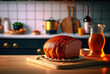 Honey mustard glazed ham in kitchen, bokeh background, generative AI