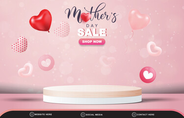 mother day sale discount template banner with blank space 3d podium for product sale with abstract gradient pink and white background design