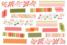Spring, Summer Washi Tape Strips. Masking Or Adhesive Tape Strips, Stickers, Or Labels. EPS File Has Global Colors For Easy Color Changes And Semitransparent Tape Strips.