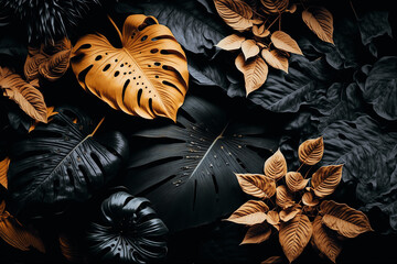 Luxury tropical leaves plant and foliage exotic background abstract of dark botany . Admirable Generative AI image .