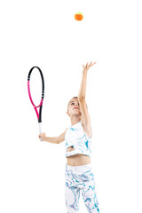 Wall Mural - Young female tennis player. Little girl posing with racket and ball isolated on white background.