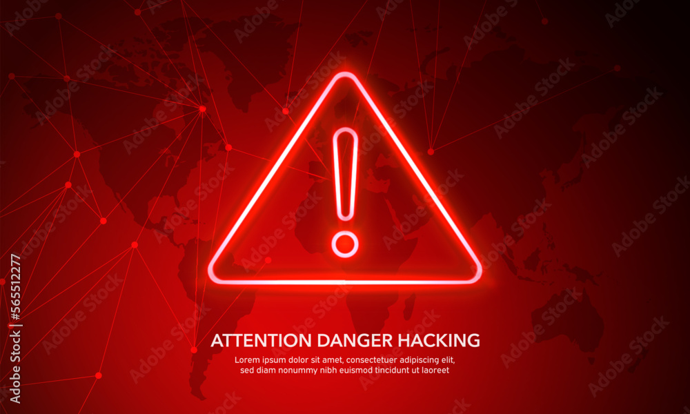 Attention Danger Hacking. Neon Symbol on red map technology connection ...