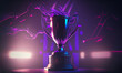 E-Sports winner trophy at studio illuminated by purple neon lights with blurred background. Generative AI.